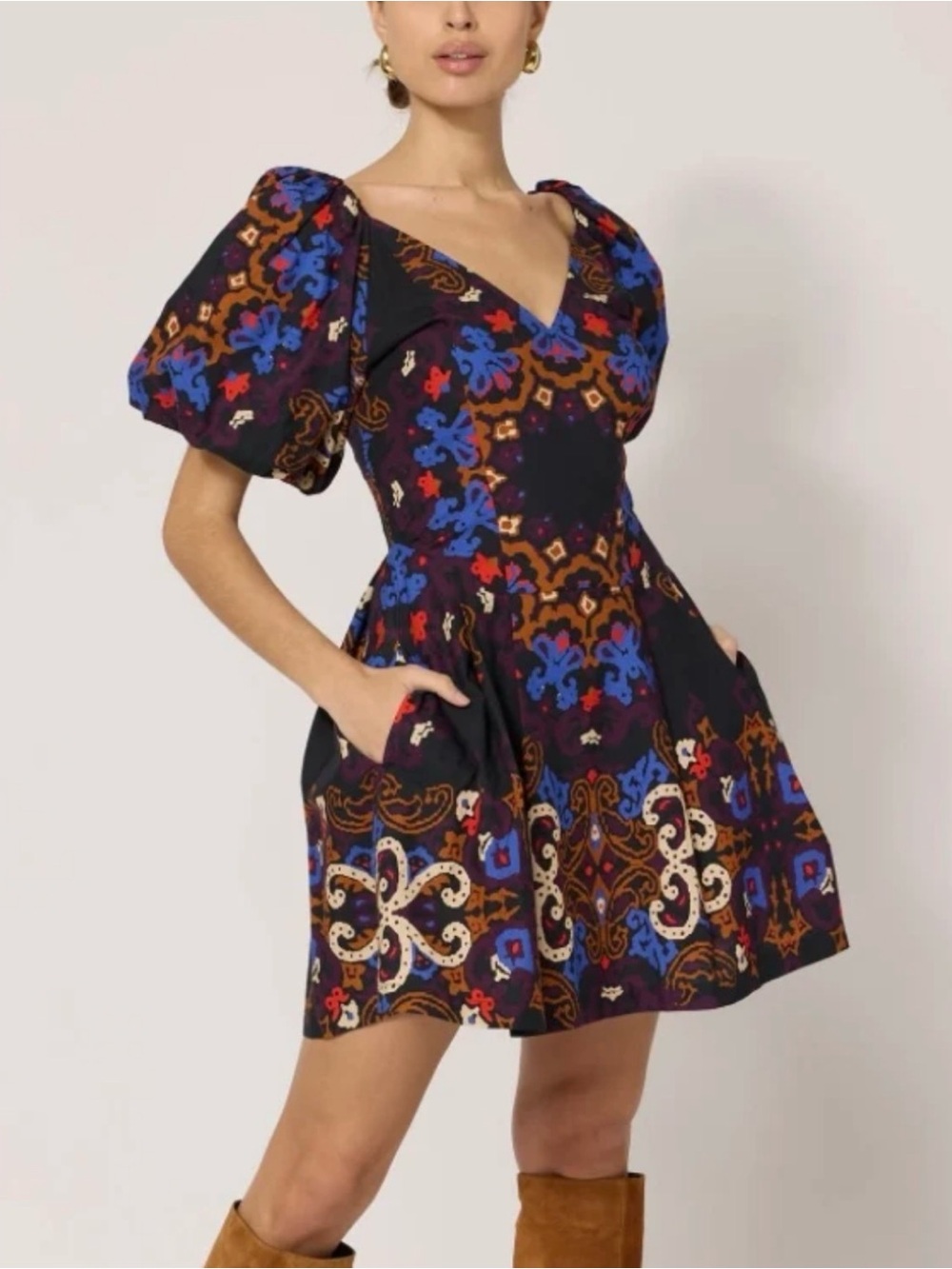 Cleobella Josette Puff-Sleeve V-Neck Mini Dress, Size XS, Color Black/Multi